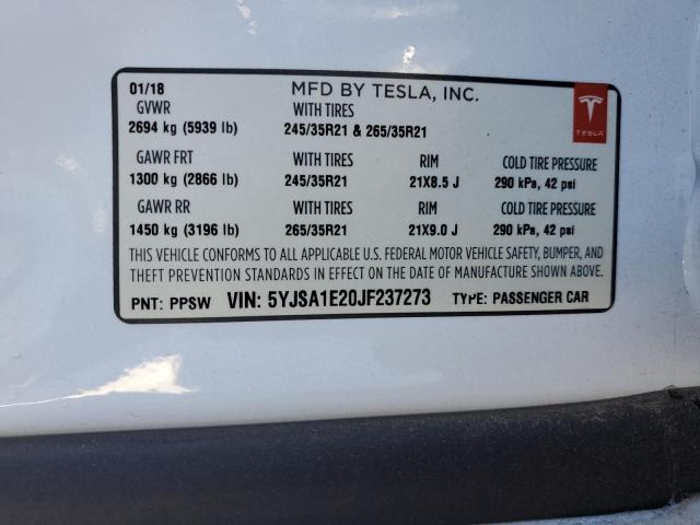 5YJSA1E20JF237273 - 2018 TESLA MODEL S WHITE photo 12