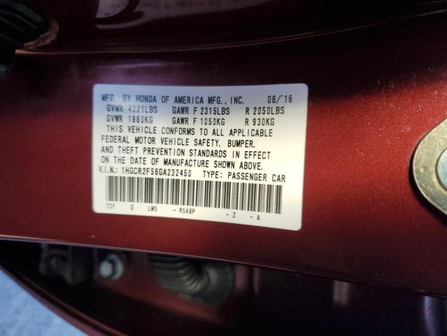 1HGCR2F56GA232450 - 2016 HONDA ACCORD SPORT BURGUNDY photo 12