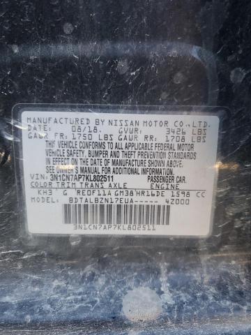 3N1CN7AP7KL802511 - 2019 NISSAN VERSA S Чорний фото 12