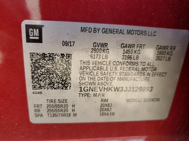 1GNEVHKW3JJ129893 - 2018 CHEVROLET TRAVERSE LT RED photo 14