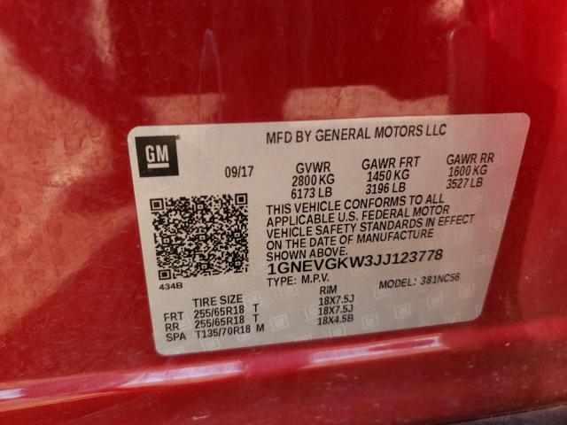 1GNEVGKW3JJ123778 - 2018 CHEVROLET TRAVERSE LT წითელი ფოტო 13