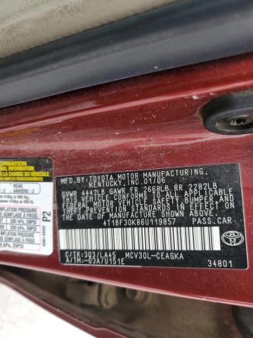 4T1BF30K86U119857 - 2006 TOYOTA CAMRY LE BURGUNDY photo 12