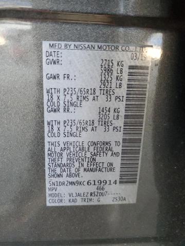 5N1DR2MN9KC619914 - 2019 NISSAN PATHFINDER S Gris foto 14