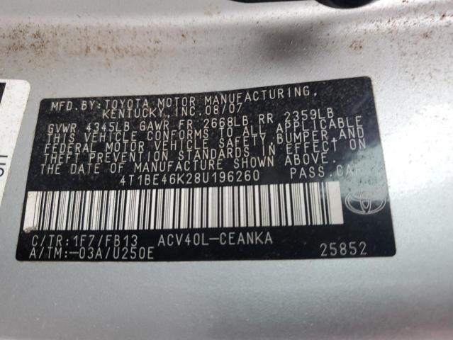 4T1BE46K28U196260 - 2008 TOYOTA CAMRY CE 银色 照片 12