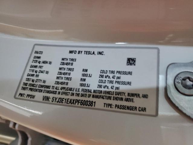 5YJ3E1EAXPF600381 - 2023 TESLA MODEL 3 Սպիտակ լուսանկար 13