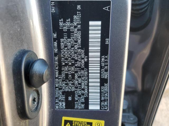 5TDKKRFH9ES019817 - 2014 TOYOTA HIGHLANDER XLE GRAY photo 13