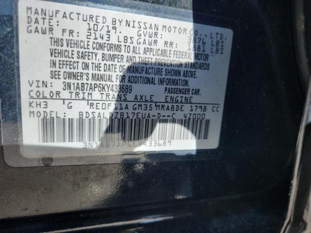 3N1AB7AP6KY433689 - 2019 NISSAN SENTRA S أسود صورة 12