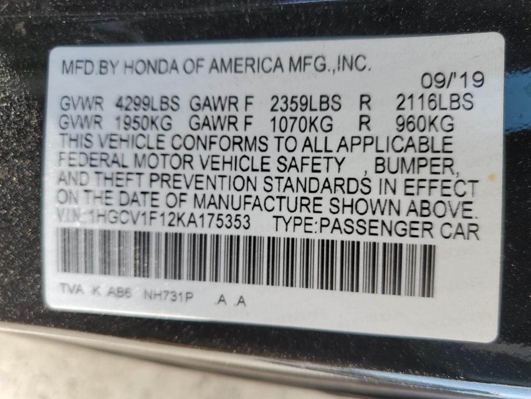 1HGCV1F12KA175353 - 2019 HONDA ACCORD LX BLACK photo 13