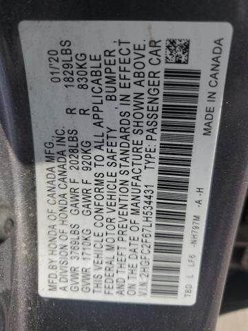 2HGFC2F67LH534431 - 2020 HONDA CIVIC LX CHARCOAL photo 12