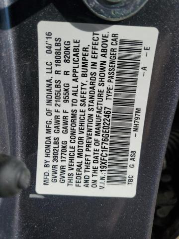 19XFC1F76GE022467 - 2016 HONDA CIVIC EXL CHARCOAL photo 12