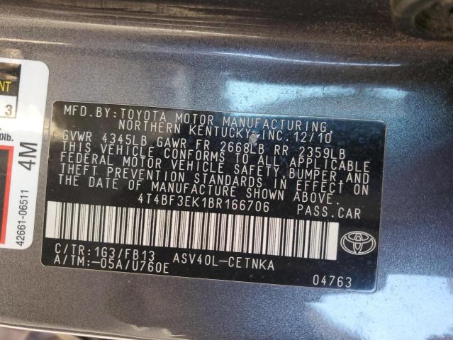 4T4BF3EK1BR166706 - 2011 TOYOTA CAMRY BASE GRAY photo 12