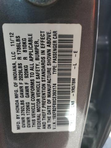 19XFB2F8XCE393174 - 2012 HONDA CIVIC EX GRAY photo 13