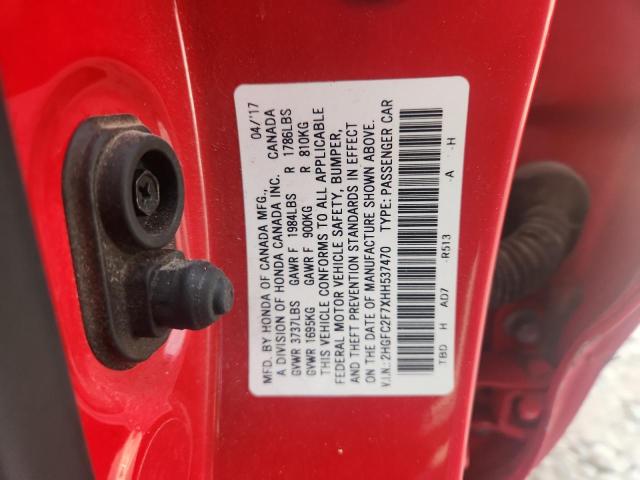 2HGFC2F7XHH537470 - 2017 HONDA CIVIC EX 红色 照片 12