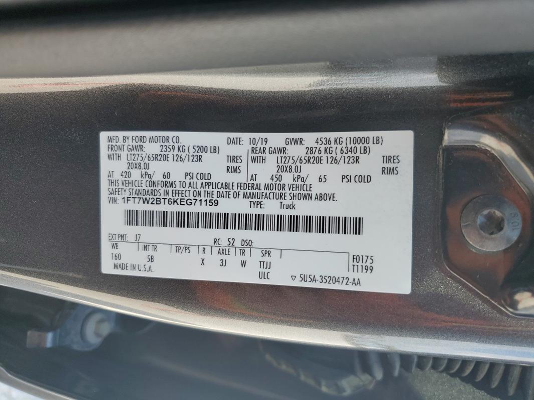 1FT7W2BT6KEG71159 - 2019 FORD F250 SUPER DUTY ნაცრისფერი ფოტო 12