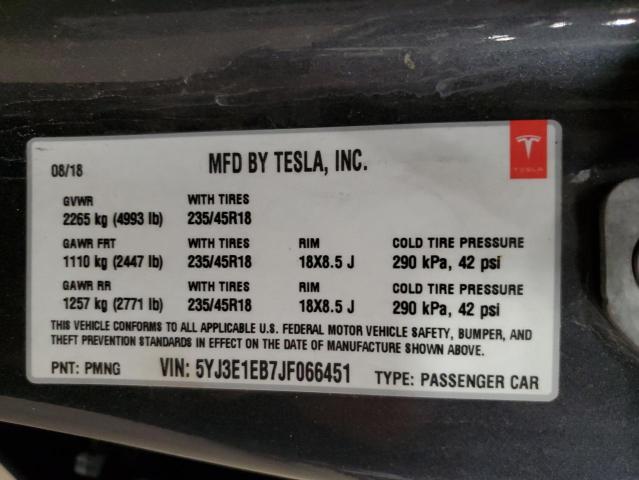 5YJ3E1EB7JF066451 - 2018 TESLA MODEL 3 Сірий фото 13