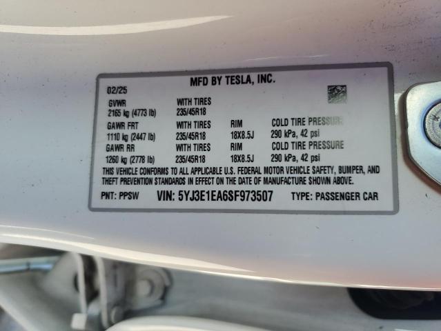 5YJ3E1EA6SF973507 - 2025 TESLA MODEL 3 WHITE photo 12