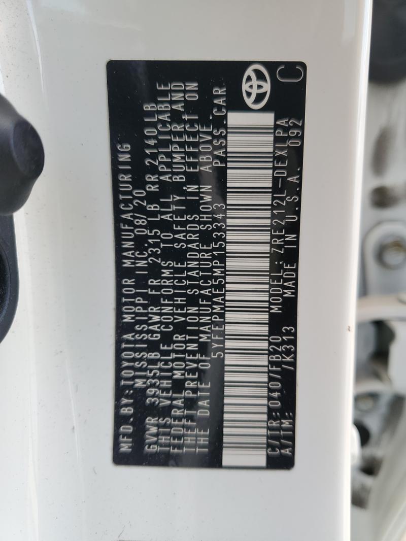 5YFEPMAE5MP153343 - 2021 TOYOTA COROLLA LE WHITE photo 13