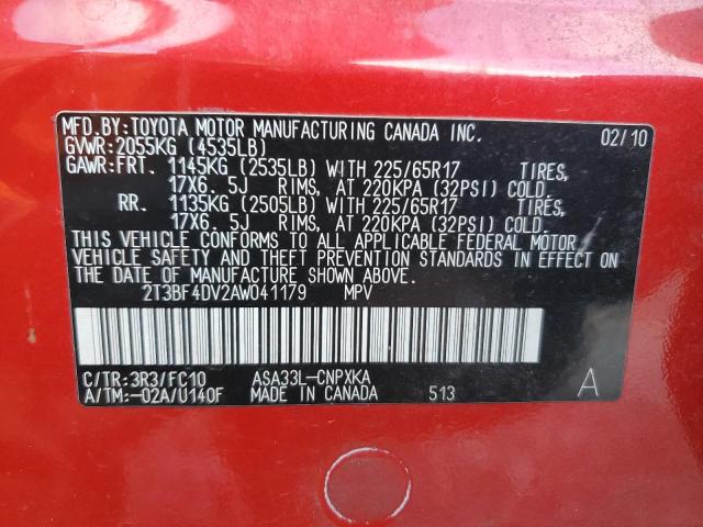 2T3BF4DV2AW041179 - 2010 TOYOTA RAV4 RED photo 13