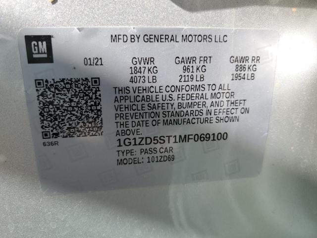 1G1ZD5ST1MF069100 - 2021 CHEVROLET MALIBU LT Сріблястий фото 12