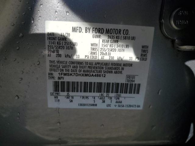 1FMSK7DHXMGA48612 - 2021 FORD EXPLORER XLT Srebrny zdjęcie 13