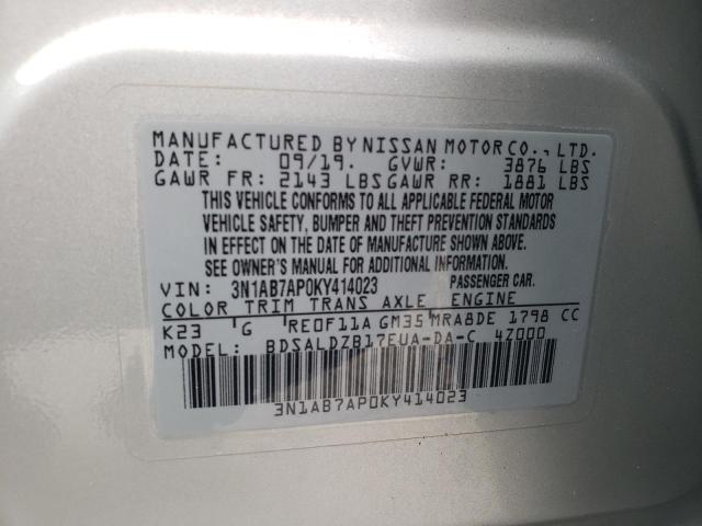 3N1AB7AP0KY414023 - 2019 NISSAN SENTRA S Gümüş fotoğraf 12