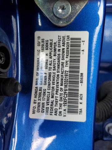 19XFC2F61KE031972 - 2019 HONDA CIVIC LX BLUE photo 12