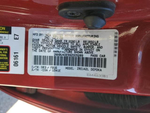 1NXBU40E59Z005289 - 2009 TOYOTA COROLLA BASE Կարմիր լուսանկար 12