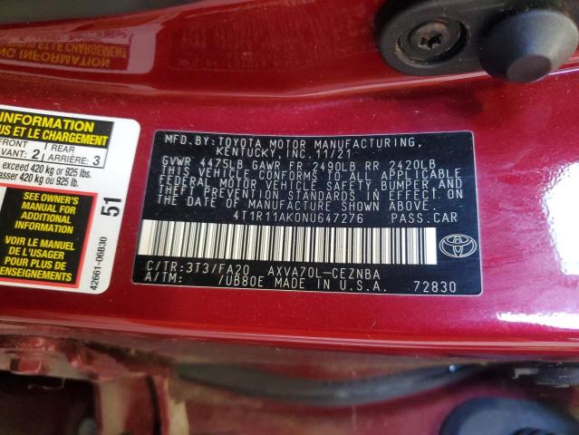 4T1R11AK0NU647276 - 2022 TOYOTA CAMRY LE BURGUNDY photo 12