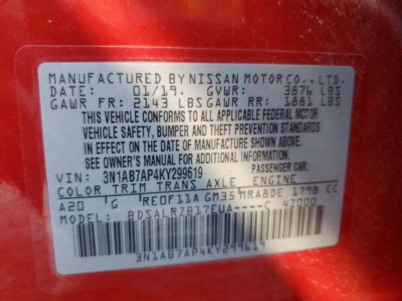 3N1AB7AP4KY299619 - 2019 NISSAN SENTRA S RED photo 12