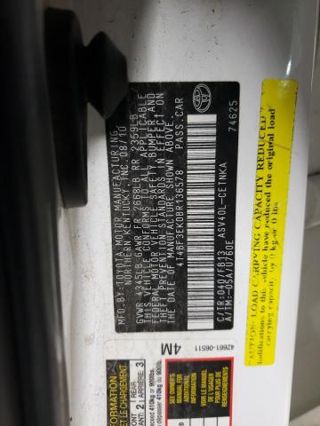 4T4BF3EK0BR136578 - 2011 TOYOTA CAMRY BASE WHITE photo 12