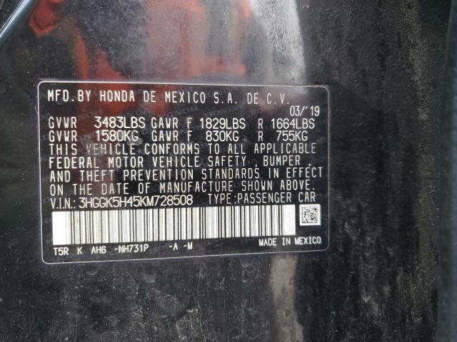 3HGGK5H45KM728508 - 2019 HONDA FIT LX 黑色 照片 12