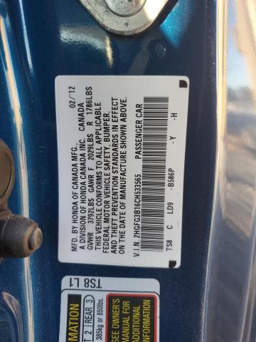 2HGFG3B16CH533565 - 2012 HONDA CIVIC EXL ლურჯი ფოტო 12