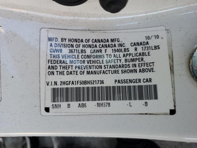 2HGFA1F50BH521736 - 2011 HONDA CIVIC LX WHITE photo 12