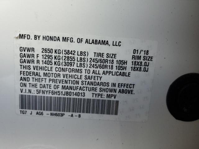 5FNYF6H51JB014013 - 2018 HONDA PILOT EXL თეთრი ფოტო 13