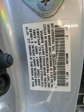 19XFB2F99FE222753 - 2015 HONDA CIVIC EXL ვერცხლისფერი ფოტო 12