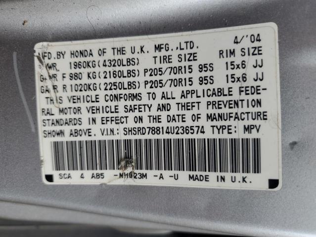 SHSRD78814U236574 - 2004 HONDA CR-V EX SILVER photo 13