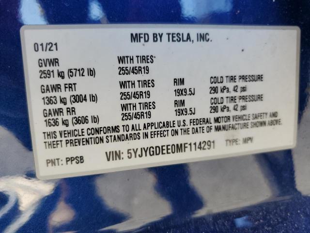 5YJYGDEE0MF114291 - 2021 TESLA MODEL Y BLUE photo 12