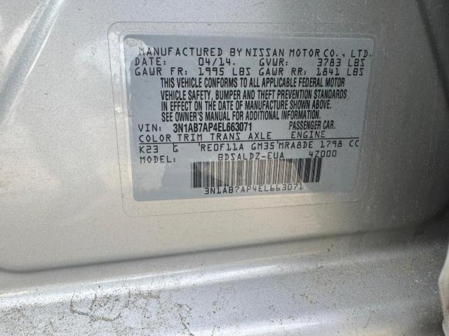 3N1AB7AP4EL663071 - 2014 NISSAN SENTRA S SILVER photo 10