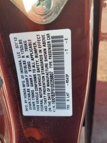 19XFB2F51DE259807 - 2013 HONDA CIVIC LX BURGUNDY photo 13