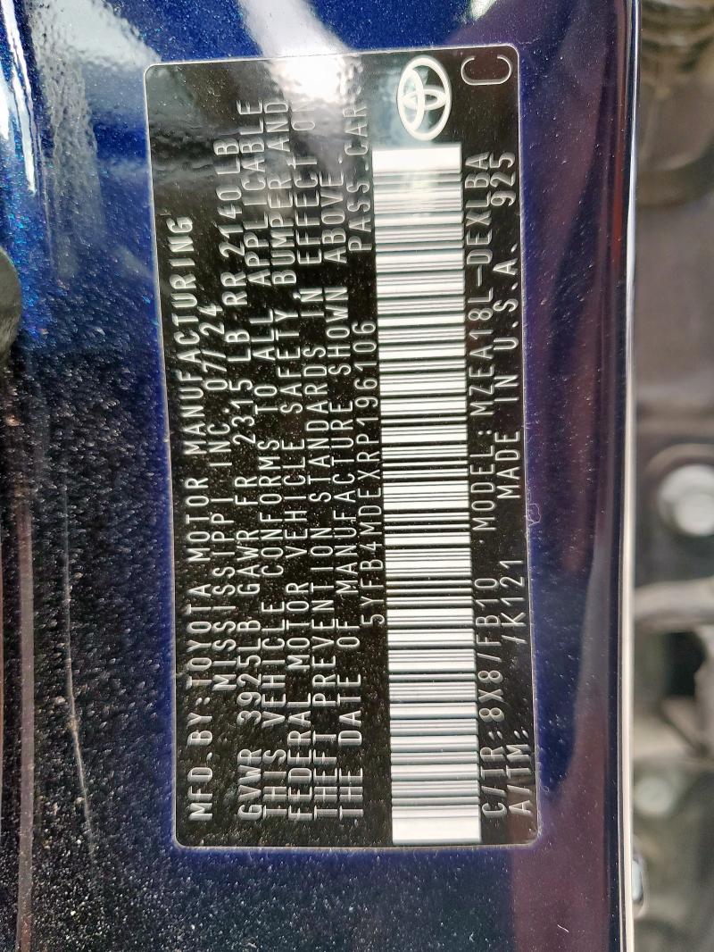 5YFB4MDEXRP196106 - 2024 TOYOTA COROLLA LE 黑色 照片 12