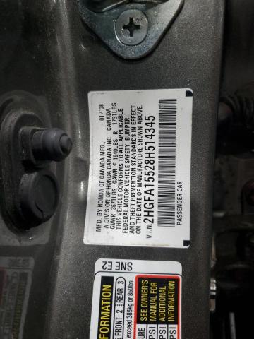 2HGFA15528H514345 - 2008 HONDA CIVIC LX GRAY photo 12