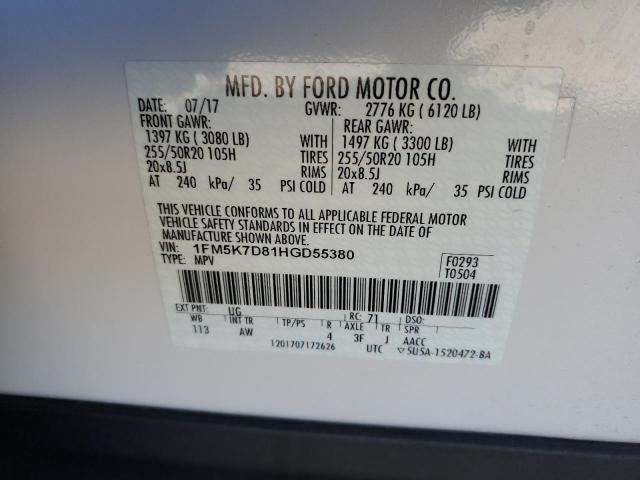 1FM5K7D81HGD55380 - 2017 FORD EXPLORER XLT Белый фото 13