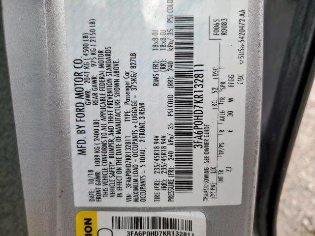 3FA6P0HD7KR132811 - 2019 FORD FUSION SE SILVER photo 12