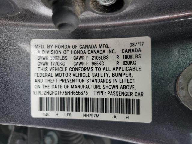 2HGFC1F76HH656675 - 2017 HONDA CIVIC EXL ნაცრისფერი ფოტო 13