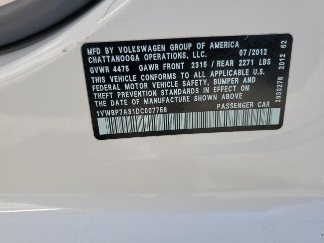 1VWBP7A31DC007756 - 2013 VOLKSWAGEN PASSAT SE 白色 照片 12