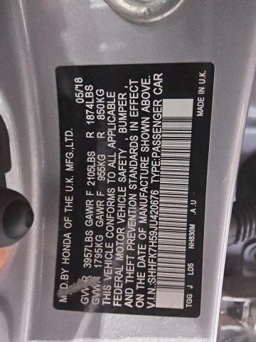 SHHFK7H59JU420676 - 2018 HONDA CIVIC EX ვერცხლისფერი ფოტო 12