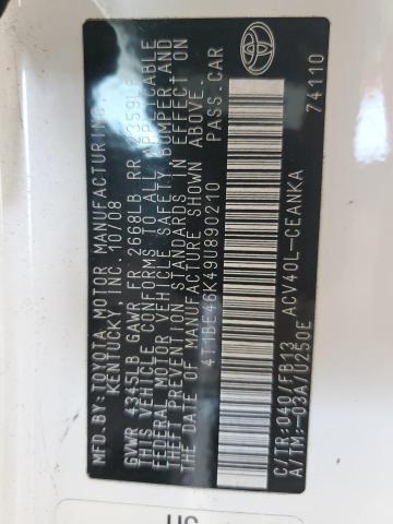 4T1BE46K49U890210 - 2009 TOYOTA CAMRY BASE WHITE photo 12