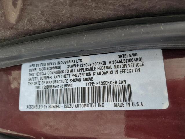 4S3BH665417615960 - 2001 SUBARU LEGACY OUTBACK BURGUNDY photo 13