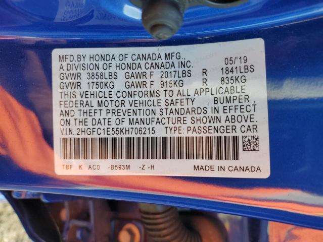 2HGFC1E55KH706215 - 2019 HONDA CIVIC SI 蓝色 照片 12