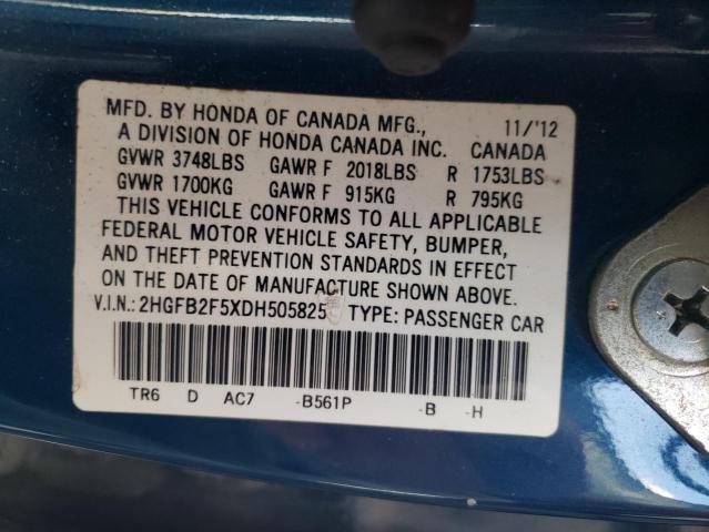 2HGFB2F5XDH505825 - 2013 HONDA CIVIC LX BLUE photo 12